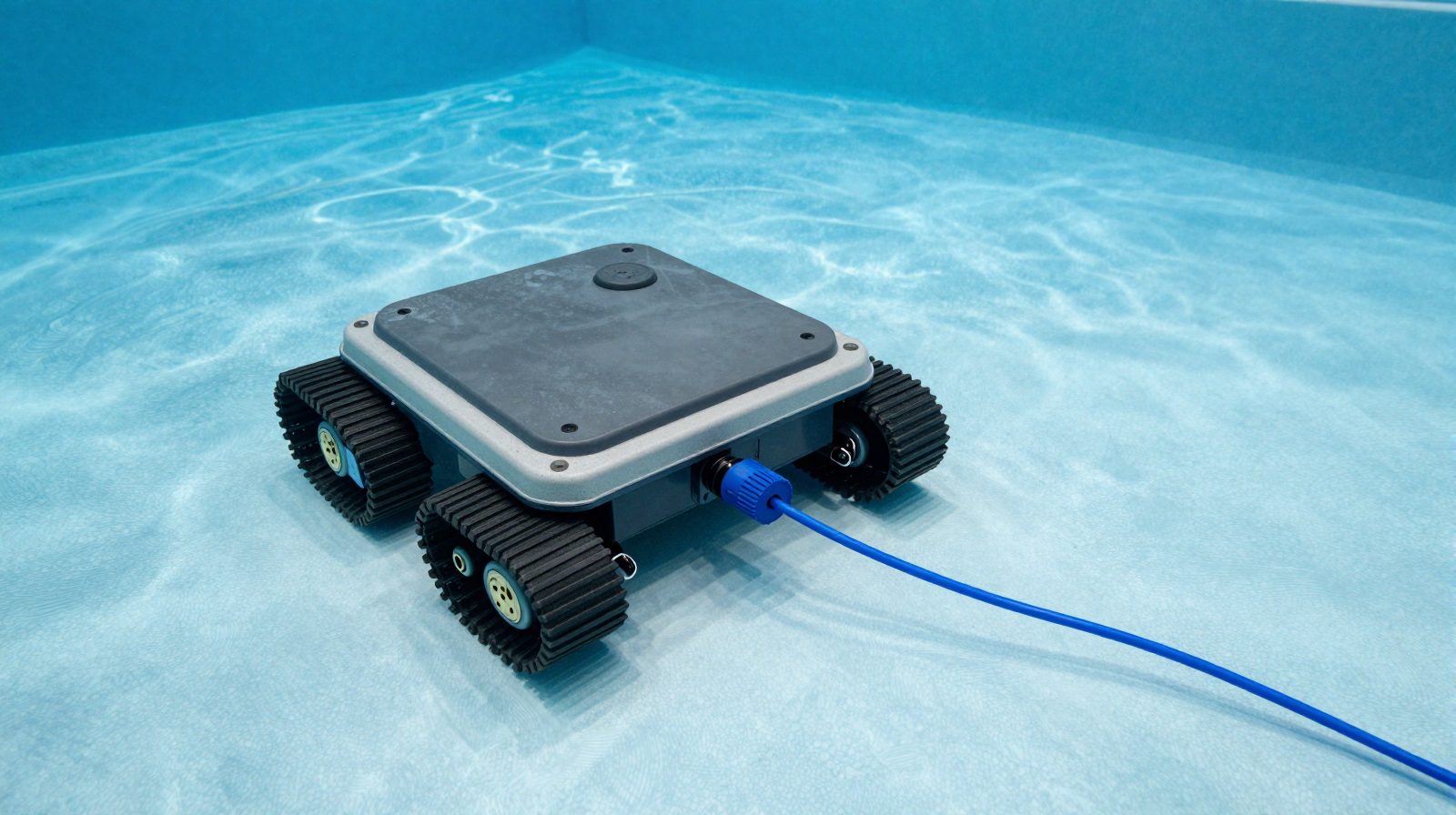 A robotic pool cleaner on the floor of a clear pool