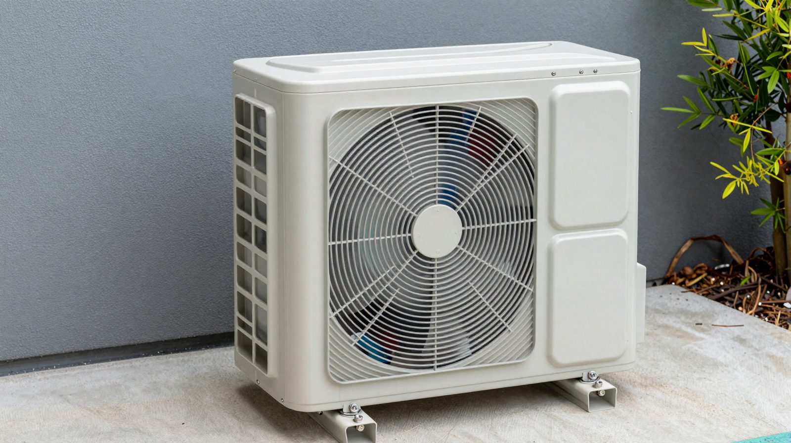 A pool heat pump unit beside pool equipment