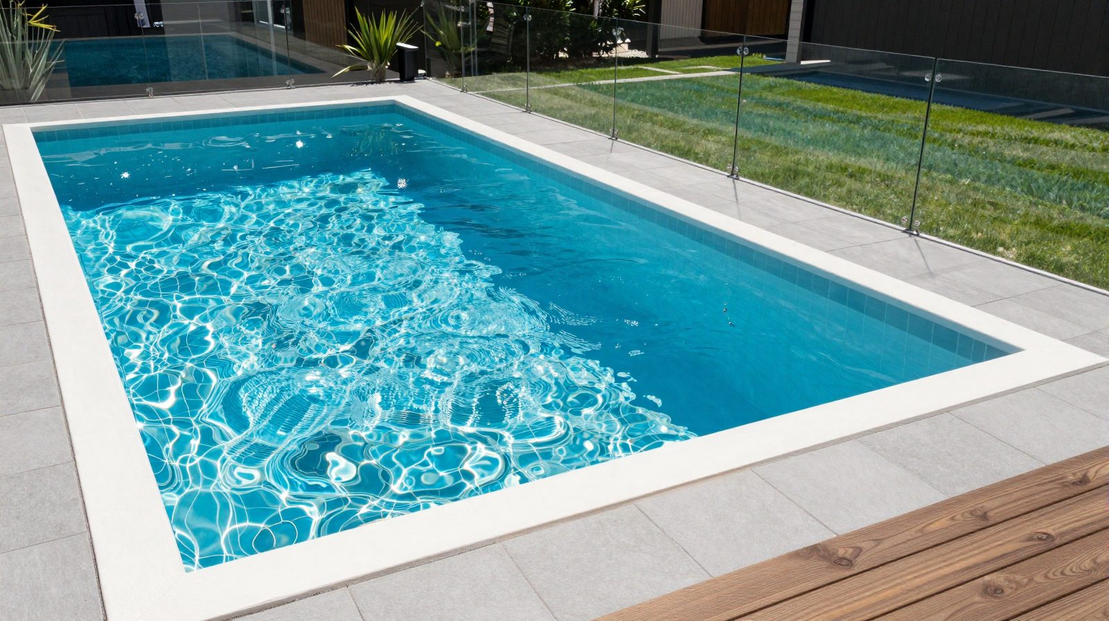A clear blue backyard pool with a timber deck